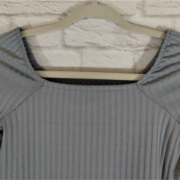 E Madewell Light Craft Blue Ribbed Square Neck Crop Long Sleeve Tee Shirt NWT XS - Picture 7 of 12
